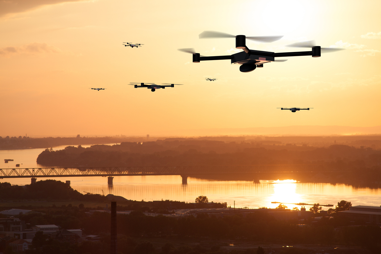 drones over a city