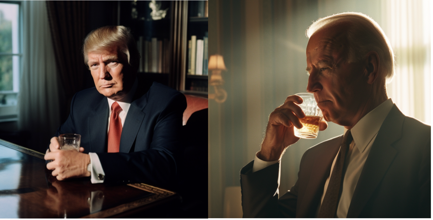 AI generated photos of Donald Trump and Joe Biden holding glasses of alcohol